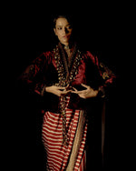 Load image into Gallery viewer, RED DAHLIA MODAL SATIN LEHRIYA PRINT SAREE SET