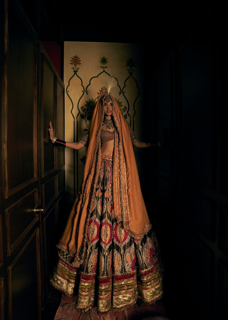 MUSTARD GREY RAW SILK LEHENGA SET