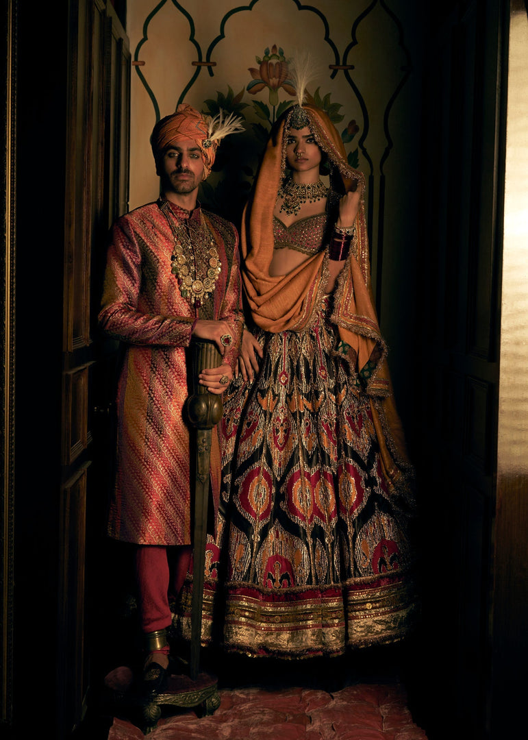 MUSTARD GREY RAW SILK LEHENGA SET