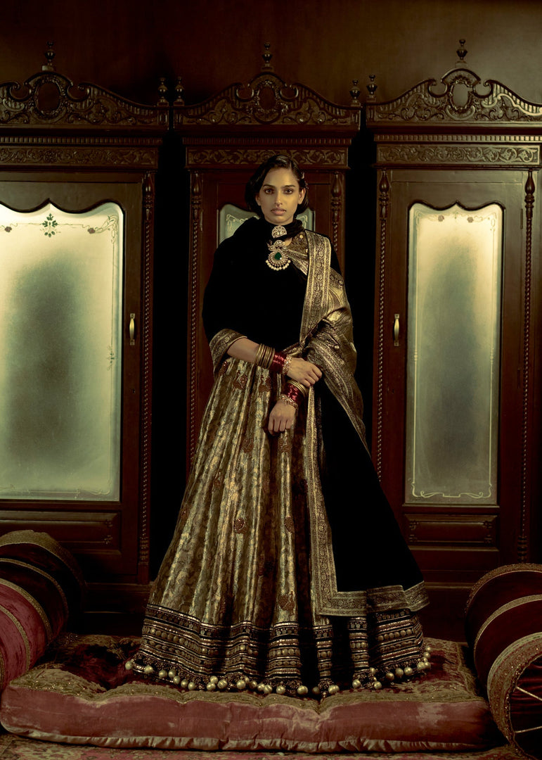 STONE BLACK BROCADE LEHENGA SET